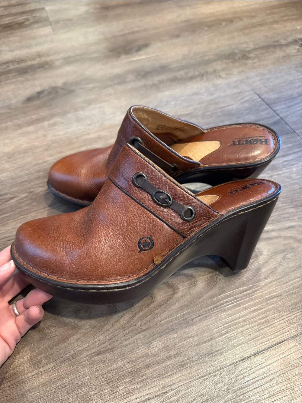 BORN Brown Leather Wedge Clogs 9 - Picture 3 of 7